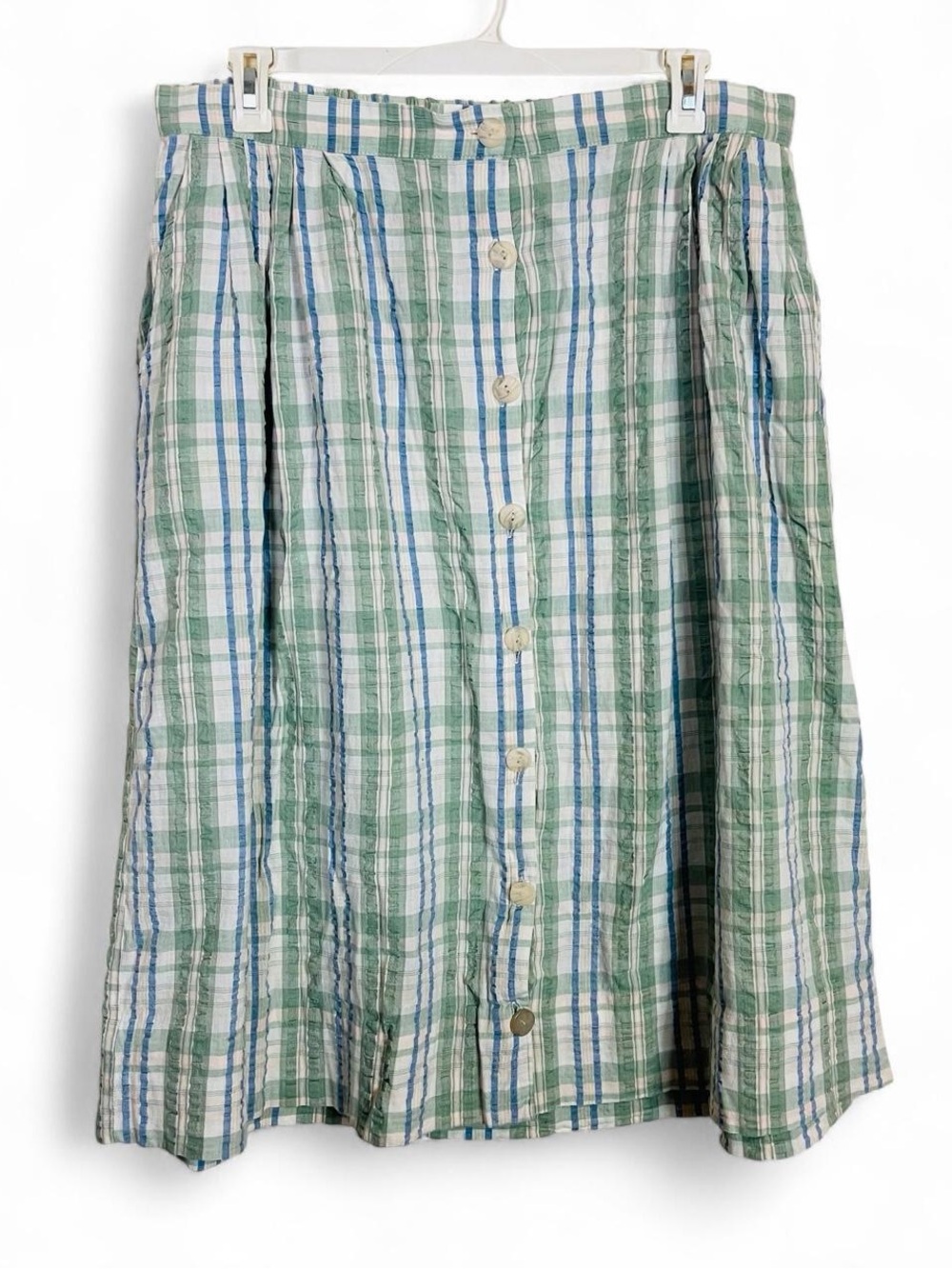 Vintage Orvis Size 20 White Green and Blue Plaid Midi Skirt with Button Front